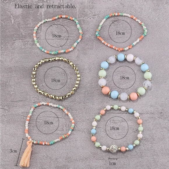 6pc Pastel Beaded Tassel Bracelets - Picture 4 of 4